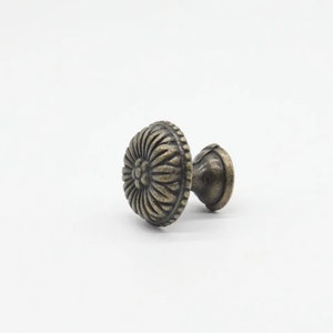 May include: A vintage-style, antique brass cabinet knob with a decorative floral design.
