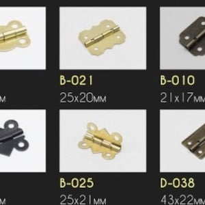 May include: Assortment of six different butterfly hinges in gold and black finishes. The hinges are available in various sizes, ranging from 16x13mm to 43x22mm.
