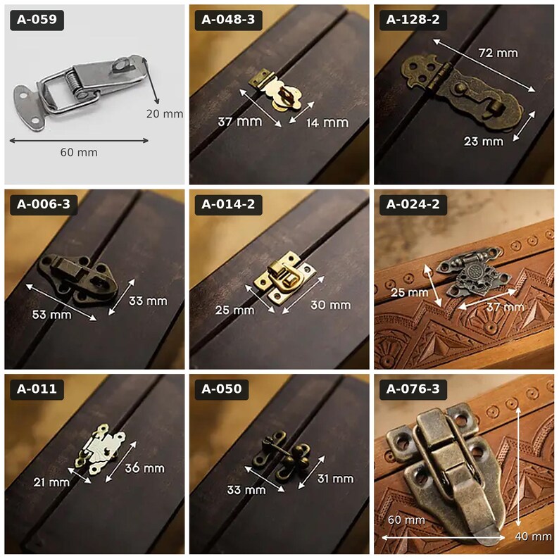 May include: A collection of nine metal box latches and clasps in various finishes, including silver, brass, and bronze tones. Each item is labeled with a code and includes dimension lines showing measurements in millimeters, such as 60 mm by 20 mm.