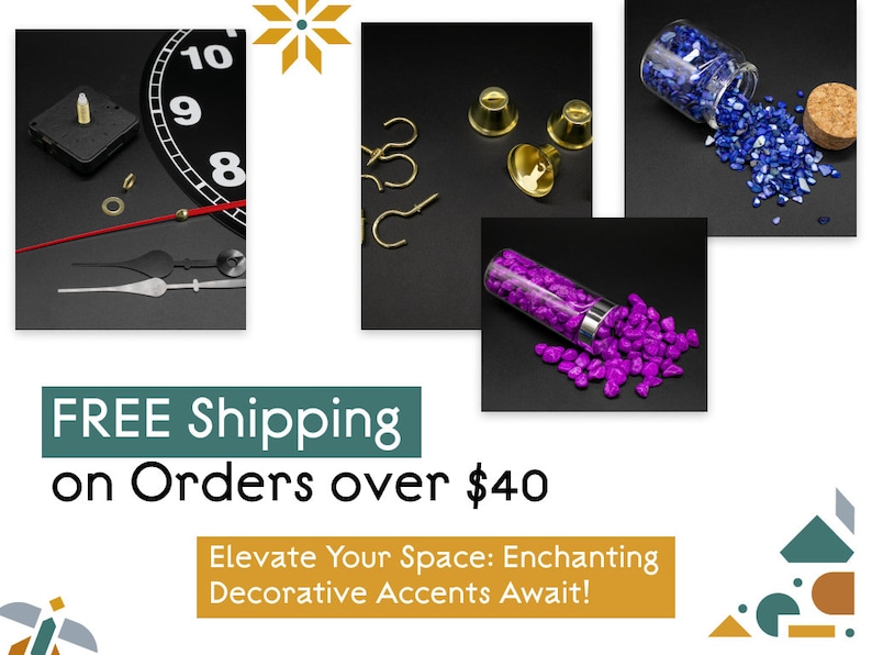 May include: Assortment of decorative accents including clock parts, gold-colored metal bells, and glass jars filled with blue and purple decorative stones. Free shipping on orders over $40.
