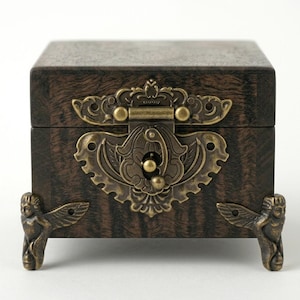 Puede incluir: Una caja de madera de color marrón oscuro con un cierre decorativo de latón en la parte frontal y cuatro patas de latón ornamentadas con forma de figuras aladas. La veta de la madera es visible en la superficie de la caja de diseño cuadrado.