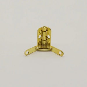 Può includere: Una cerniera d'angolo in metallo dorato con un design decorativo. La cerniera è progettata per collegare due pezzi di legno o altri materiali ad un angolo di 90 gradi.