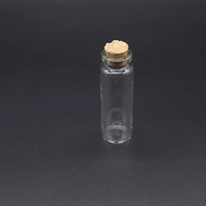 May include: A clear glass bottle with a cork stopper. The bottle is empty and has a slightly textured surface.