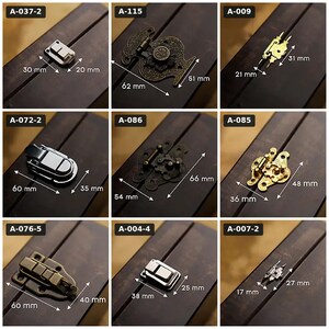 May include: A collection of nine metal box latches and hinges displayed in a grid, each labeled with a code like A-037-2 or A-115. The hardware pieces vary in finish, including silver, gold, and antique bronze tones, with visible dimensions in millimeters.