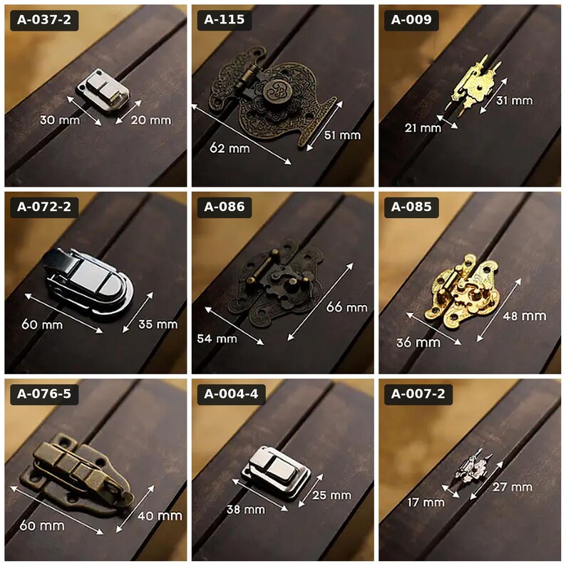 May include: A collection of nine metal box latches and hinges displayed in a grid, each labeled with a code like A-037-2 or A-115. The hardware pieces vary in finish, including silver, gold, and antique bronze tones, with visible dimensions in millimeters.