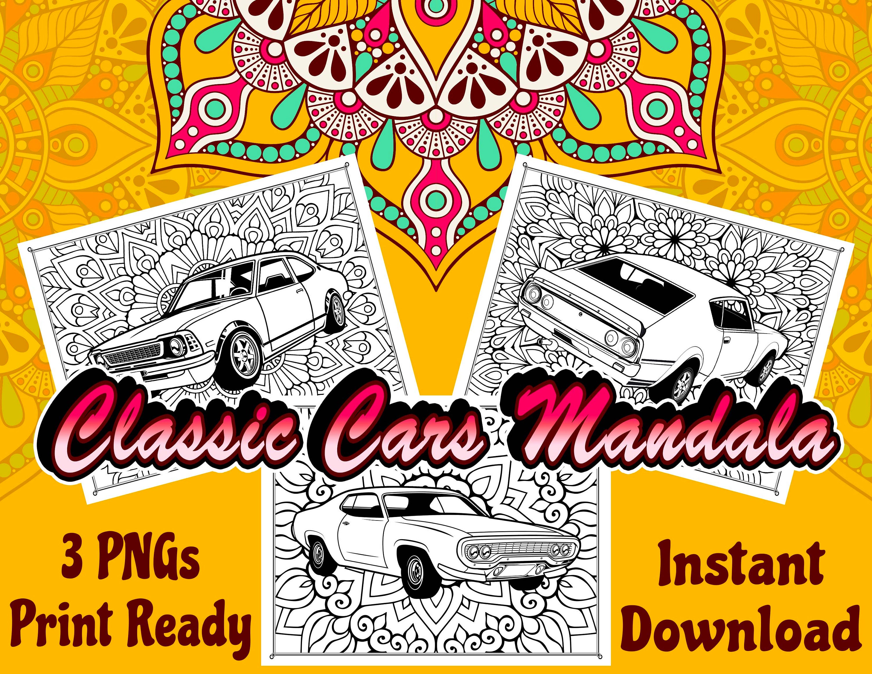 Classic Cars & Mandalas Coloring Pages 3 Print Ready PNG | Etsy