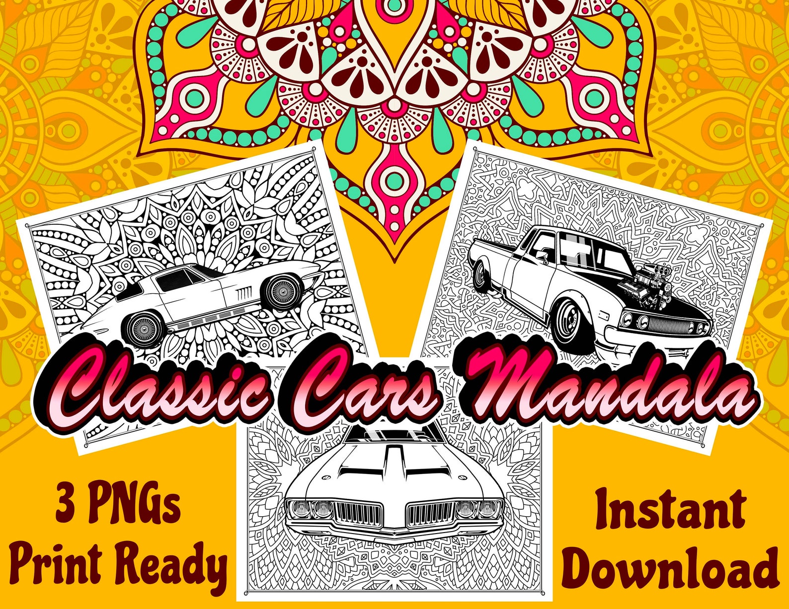 Classic Cars & Mandalas Coloring Pages 3 Print Ready PNG - Etsy 日本