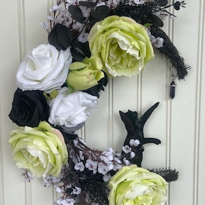 Crescent Moon Wreath, Black Cat Wreath, Gothic Floral Wreath, Moon Phase Decor, Green and Black Roses, Celestial Wreath, Witchy Wall Decor