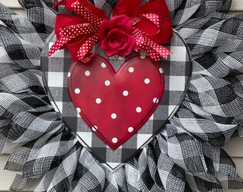 Buffalo Plaid Heart Wreath, Valentine’s Black White Red Mesh