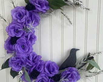 Black Crow Wreath, Grapevine Crescent Wreath, Halloween Wreath, Gothic Wreath, Purple Roses Wreath, Fall Door Decor, Halloween Party Decor