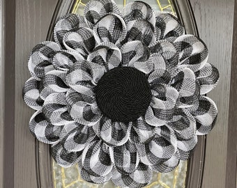 Black and White Buffalo Check Wreath,  All Seasons Wreath, Black and White Wreath for Front Door, Neutral Wreath, Moms Gift,  Birthday Gift