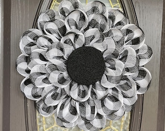 Black and White Buffalo Check Wreath,  All Seasons Wreath, Large Black and White Wreath for Front Door, Neutral Wreath, Moms Gift,