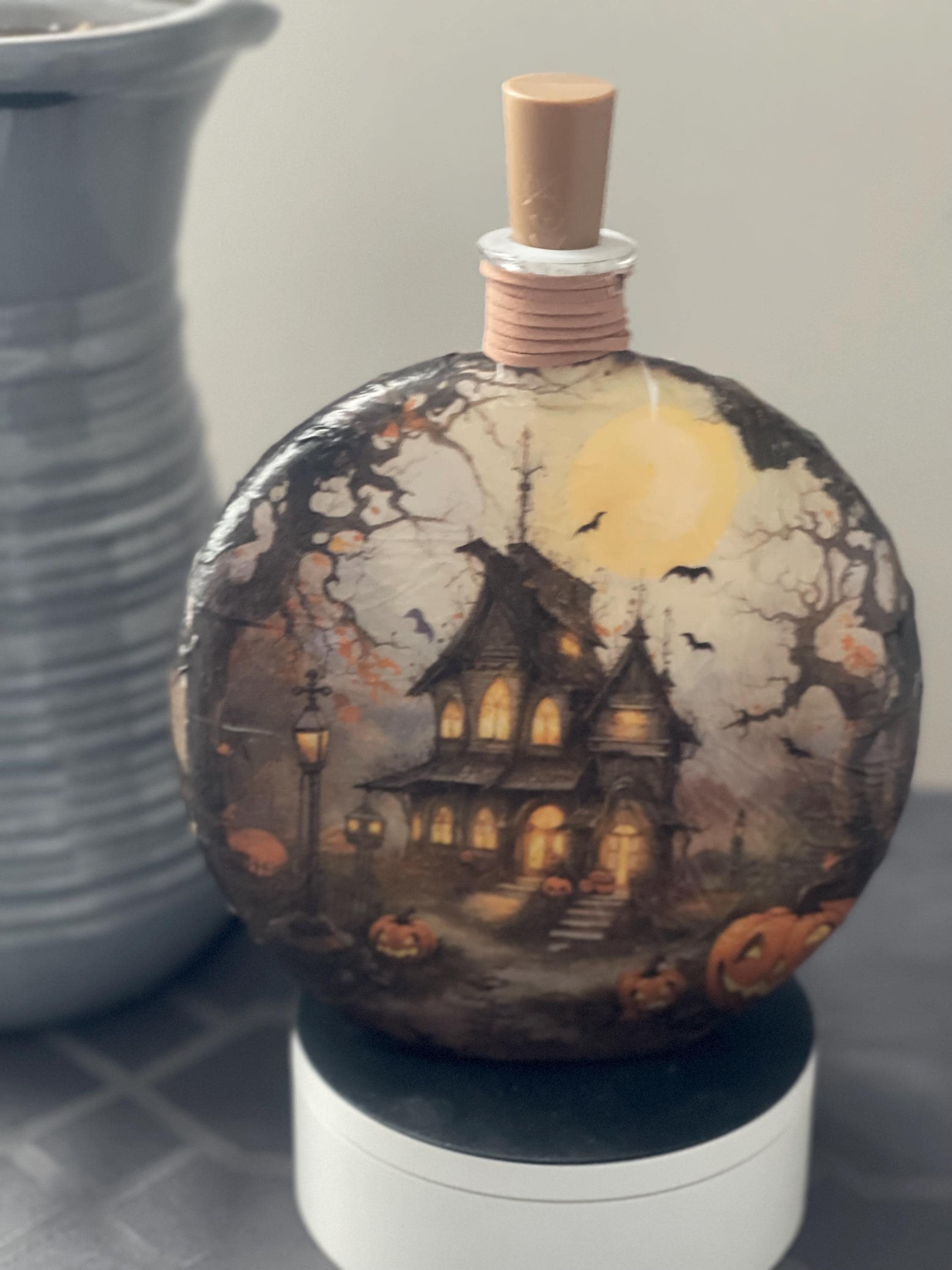 Halloween Lighted Bottle, Haunted House Halloween Lighted Bottle, Spooky Night Light Decor, Decoupage Jar, Home Accent, Gift for Halloween