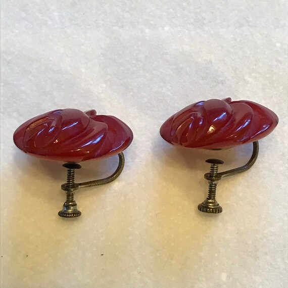 Antique Red Bakelite Screw Back Earrings 1930s