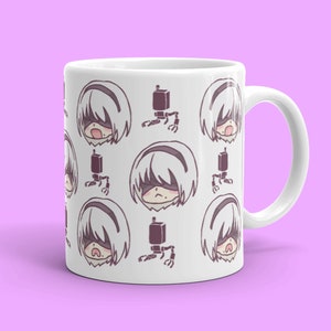 May include: White ceramic mug with a repeating pattern of a cartoon character with short white hair and a black robot. The character has a surprised expression.