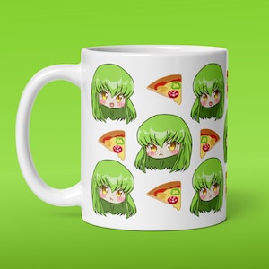 May include: White ceramic mug featuring a repeating pattern of a green-haired anime character with a slice of pizza. The character has a surprised expression.