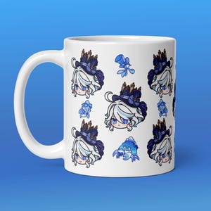 May include: White ceramic mug featuring a repeating pattern of a cartoon character with white hair, a blue hat, and blue accents. Additional blue cartoon sea creatures are also featured on the mug. The mug has a white handle and a blue background.