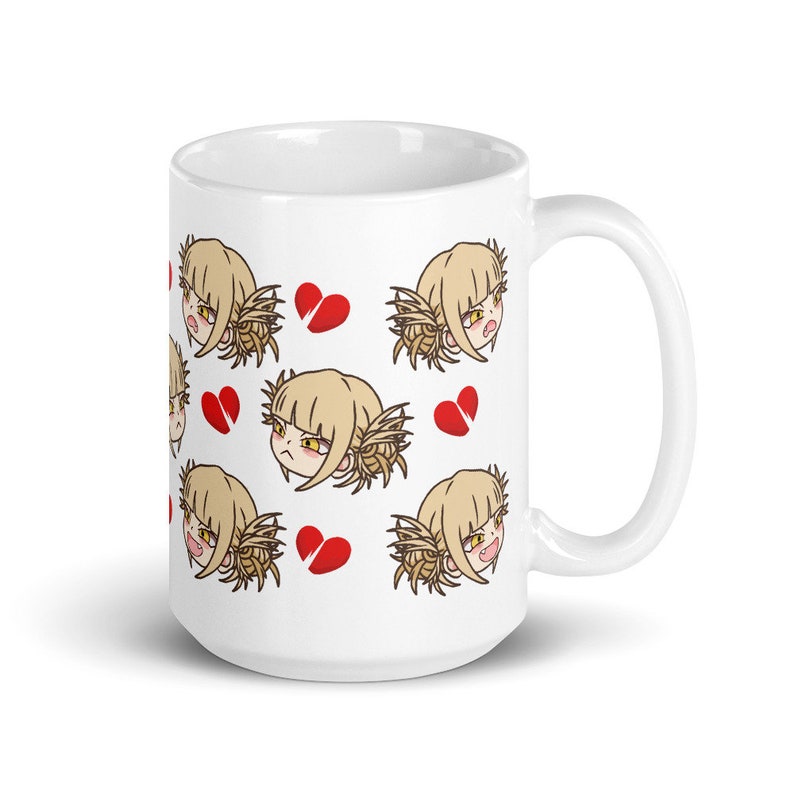May include: White ceramic mug with a repeating pattern of a cartoon character with blonde hair and a broken heart. The character has a frustrated expression.