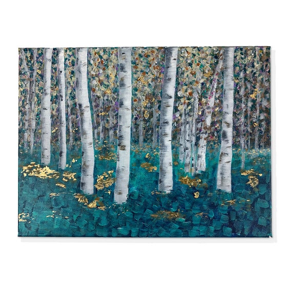 Birch Tree - Deep in forest - Gold Leaf Art - Modern Abstract Landscape - Home and Office Art Decor