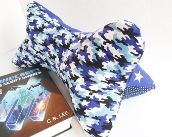 Blue Reading Pillow DIY Pack | Relaxing Neck Cushion Sewing Kit | Bone Travel Neck Pillow | Stars & Camouflage Fabrics | Beginner Sewing Set