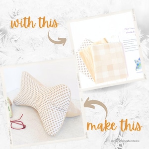 Puede incluir: Una almohada beige y blanca con un patrón y una forma única, diseñada para sostener el cuello. La almohada está hecha de dos piezas de tela, que se muestran por separado en la imagen. El texto "The Uur Neck S" es visible en la imagen.