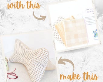 May include: A beige and white patterned pillow with a unique shape, designed to support the neck. The pillow is made from two pieces of fabric, which are shown separately in the image. The text "The Uur Neck S" is visible in the image.