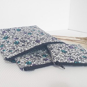 May include: Three zippered pouches with a white background and a black and teal floral pattern.