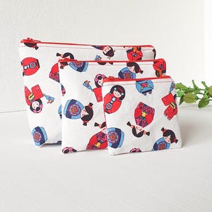 Set di 3 borse con cerniera in tessuto di cotone con motivi divertenti / Set di borse fatte a mano / Taglie piccole, medie e grandi / Carine borse da mettere all'interno della borsa