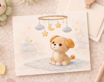 Kunst aan de muur puppy kinderkamer • Babybedje mobiel afdrukbaar • Pastel decor kinderkamer (digitale download)