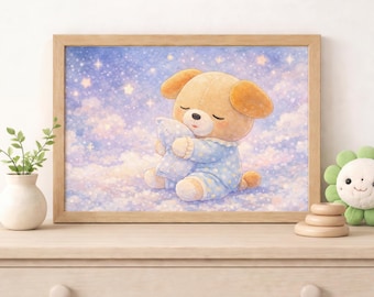 Aquarel print slaperig puppy | Pastelkleur kinderkamerdecoratie (digitale download)