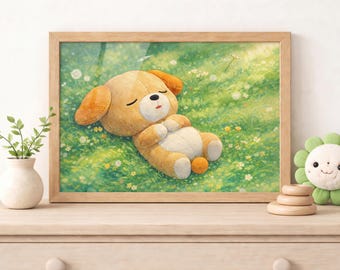 Pluche puppykunstprint – kunst aan de muur kinderkamer | Pastelkleurige kinderdecoratie | Anime-stijl | Digitale download