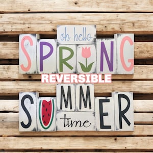 Reversible Spring Summer Wood Blocks | Hello Spring Decor | Hello Summer Wood Blocks | Watermelon decor | Reversible Shelf or Mantle Decor