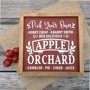 Fall Apple Farmhouse Sign, Apple Orchard Wall Art, Pick Your Own Produce Harvest Decor, 12"x12" Wood Framed Sign