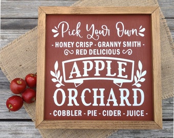 Fall Apple Farmhouse Sign, Apple Orchard Wall Art, Pick Your Own Produce Harvest Decor, 12"x12" Wood Framed Sign