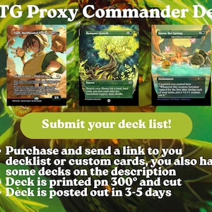 Puede incluir: Imagen de MTG Proxy Commander Deck con tres cartas de Magic: The Gathering. Las cartas incluyen "Toph, Head-Hunted Teacher", "Rampant Growth" y "Goron Hot Springs". La imagen también incluye el texto "Submit your deck list!"