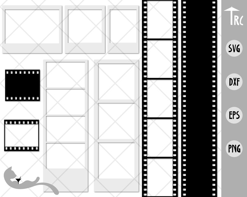Może przedstawiać: Cyfrowy plik do pobrania z zestawem do druku ramek do zdjęć i pask&oacute;w filmowych. Ramki są białe z czarną ramką, a paski filmowe są czarne z białymi perforacjami. Zestaw zawiera r&oacute;żne rozmiary i kształty.