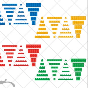 Könnte beinhalten: Vier Sätze bunter Bausteine in Form einer Pyramide und eines Rechtecks. Die Blöcke sind blau, gelb, rot und grün.