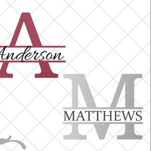 May include: Two split monogram designs with names. The first design is a burgundy letter A with the name Anderson centered below. The second design is a silver letter M with the name Matthews centered below.