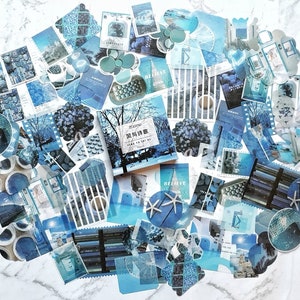 80 Stück blaue ästhetische Fotoaufkleber, Journaling, ästhetische Journalaufkleber, Bullet Journal Aufkleber, blaue Aufkleber, blaue Collage, Tagebuch