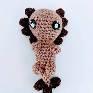 May include: A crocheted axolotl plush toy with brown and tan yarn. The toy has large black eyes with white pupils.