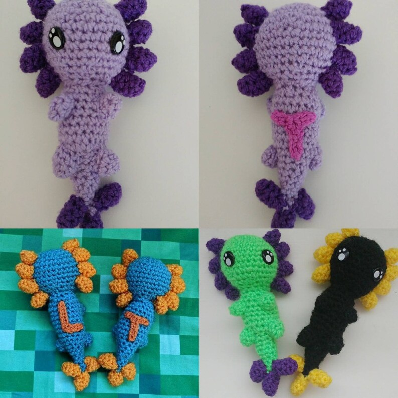 May include: Five crocheted axolotl plushies in different colors. Two are blue, one is green, one is purple, and one is black. The purple axolotl has a pink belly. The blue axolotls have orange accents.