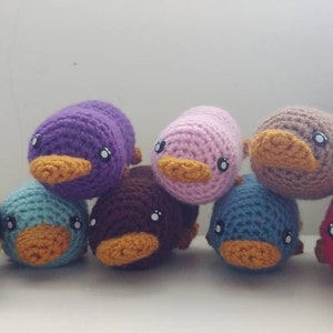 May include: Eight crocheted plush platypus toys in various colors, including black, purple, pink, brown, teal, and red. Each platypus has a small orange beak and black eyes.
