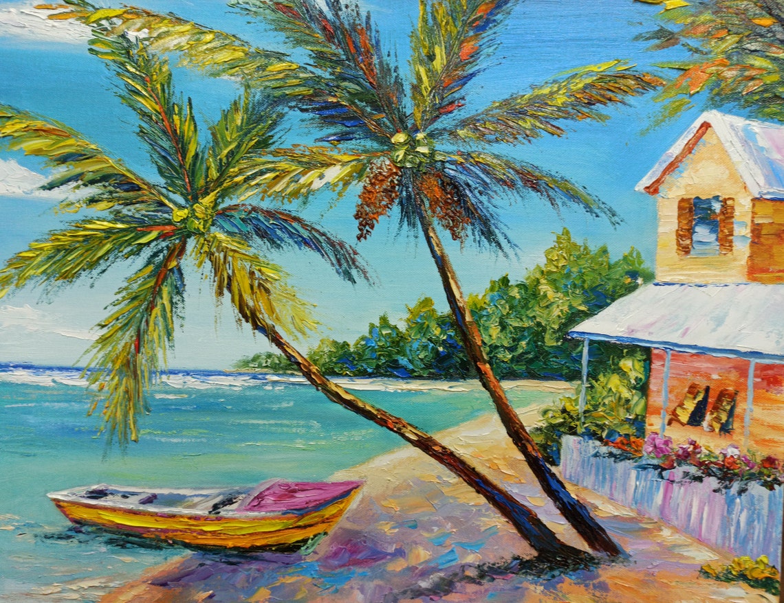 Tropical Island In The Ocean Original Painting Of Palm Trees Etsy