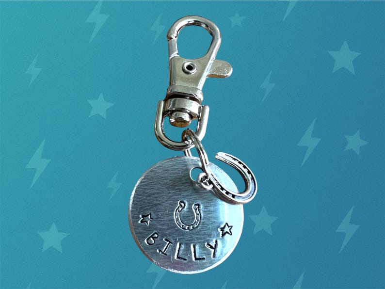 May include: Silver dog tag with a horseshoe and the name "BILLY" engraved on it. The tag is attached to a silver split ring and a silver swivel clasp.