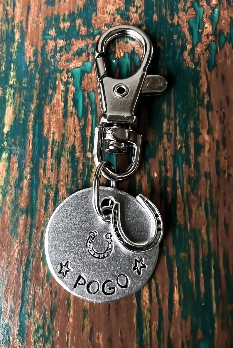 May include: Silver key chain with a round tag that says "POGO" with a horseshoe design and two stars.