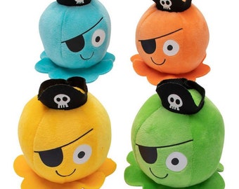 May include: Four plush octopus toys in blue, orange, yellow, and green. Each has a pirate theme, with a black eye patch and a black pirate hat featuring a skull and crossbones. They have smiling faces. The toys are designed to look like octopuses.