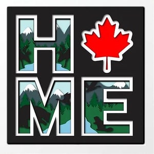May include: A black and white image with the word "HOME" in white letters with a red maple leaf in the center. The letters are filled with a green and blue nature scene.