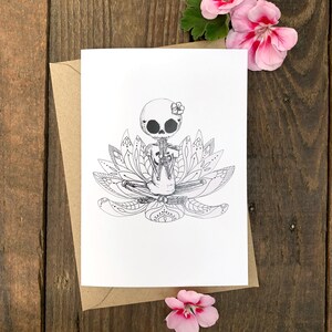 Ruby does Yoga greetings card, blank card, yoga card, cute skeleton card, mandala, lotus flower.