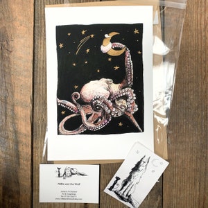 Reach for the Moon, A5 Giclee print, octopus, moon, octopus print, octopus art, marine print, fairytale art image 3