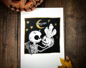 Citrouille - Roger fait Halloween - Impression giclée A5, squelette, fantôme, art du crâne, art goth, Halloween